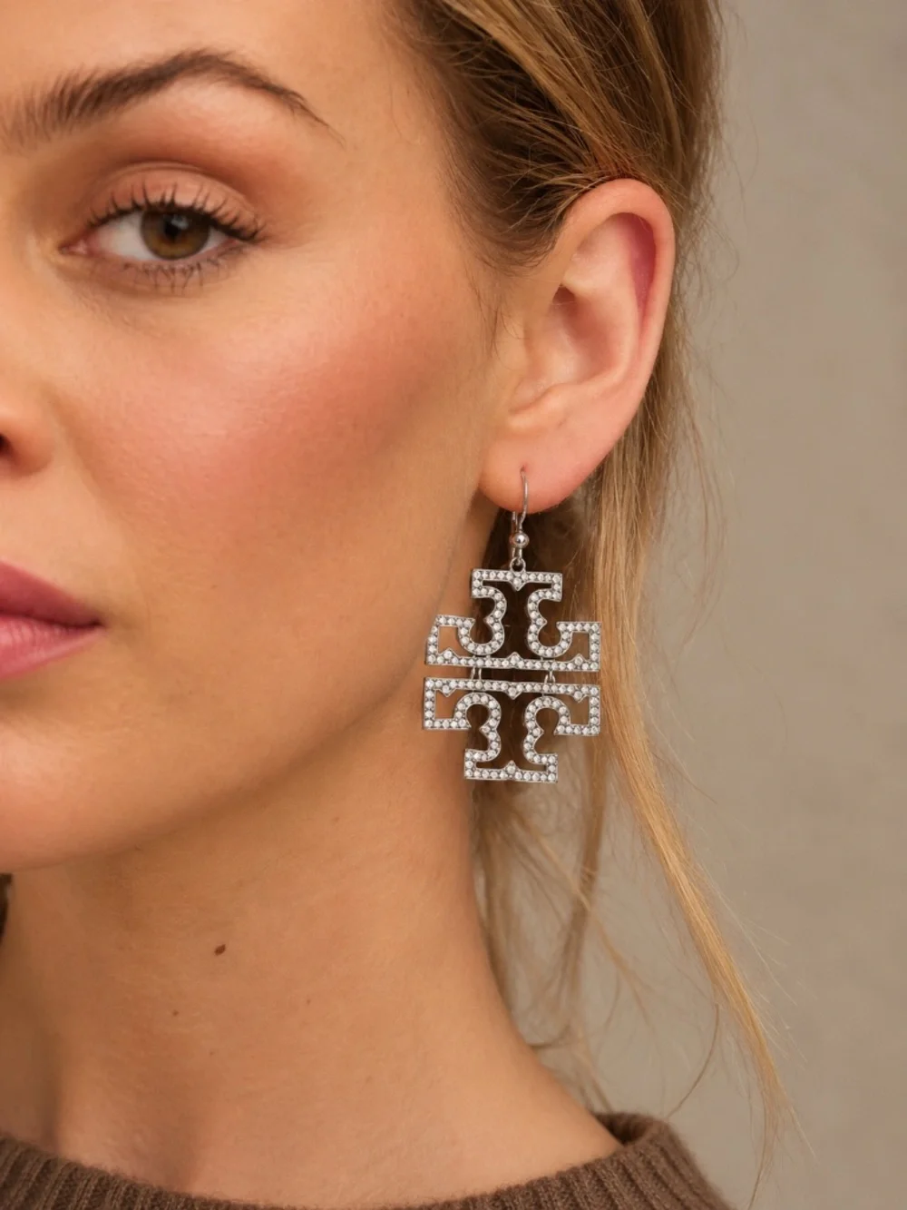 TORY BURCH • Silver Britten Crystal Logo Drop Earrings